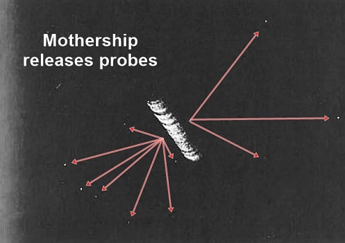 Imagem de Nave-Mãe Cilíndrica Liberando Pequenos OVNIs “Foto dos Arquivos do Projeto Blue Book”