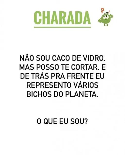 Resposta: Não sou caco de vidro, mas posso te cortar, e de trás pra frente eu represento vários bichos do planeta.