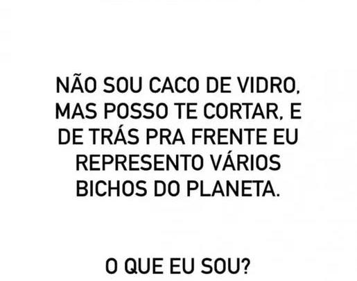 Resposta: Não sou caco de vidro, mas posso te cortar, e de trás pra frente eu represento vários bichos do planeta.